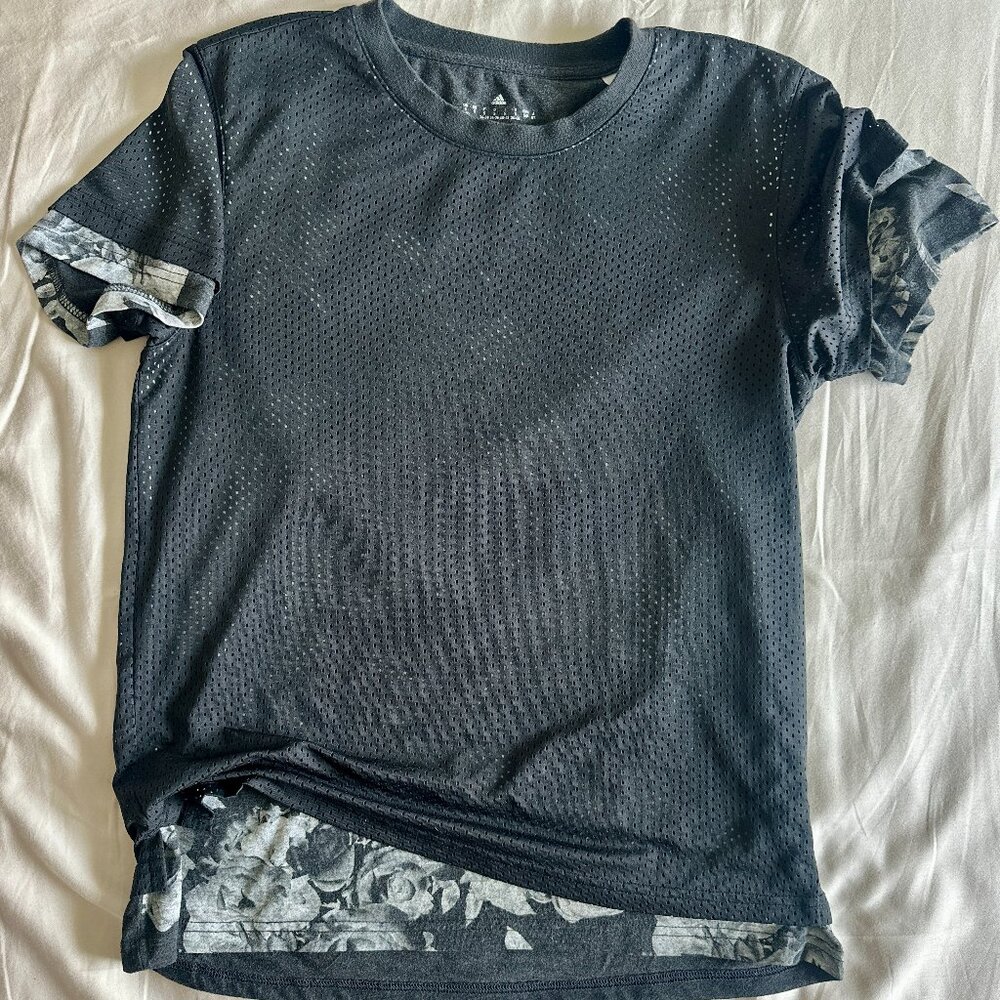 Adidas Women’s Black Mesh Layered T-Shirt – Size Small – Floral